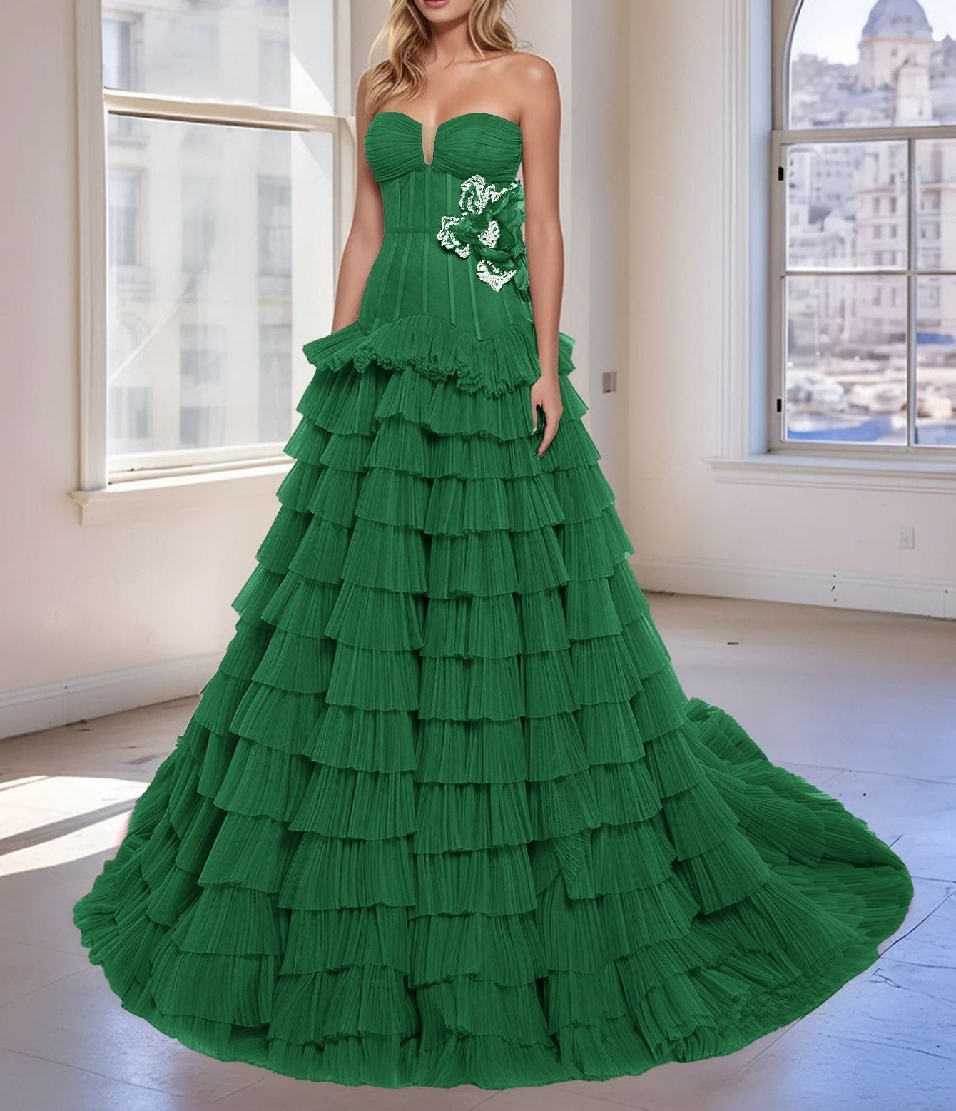 3D Rose Waist Strapless Tiered Ball Gown Evening Dress - Green