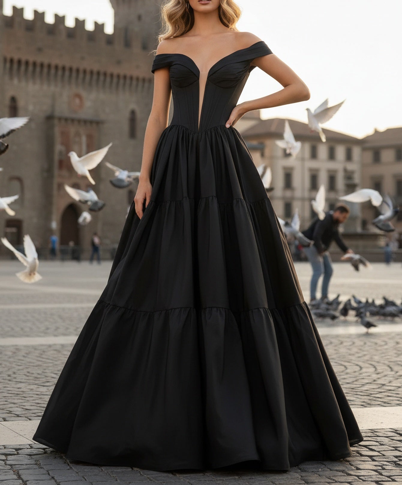 Deep V-Neck Off Shoulder Illusion Long Ball Gown Prom Dress - Black
