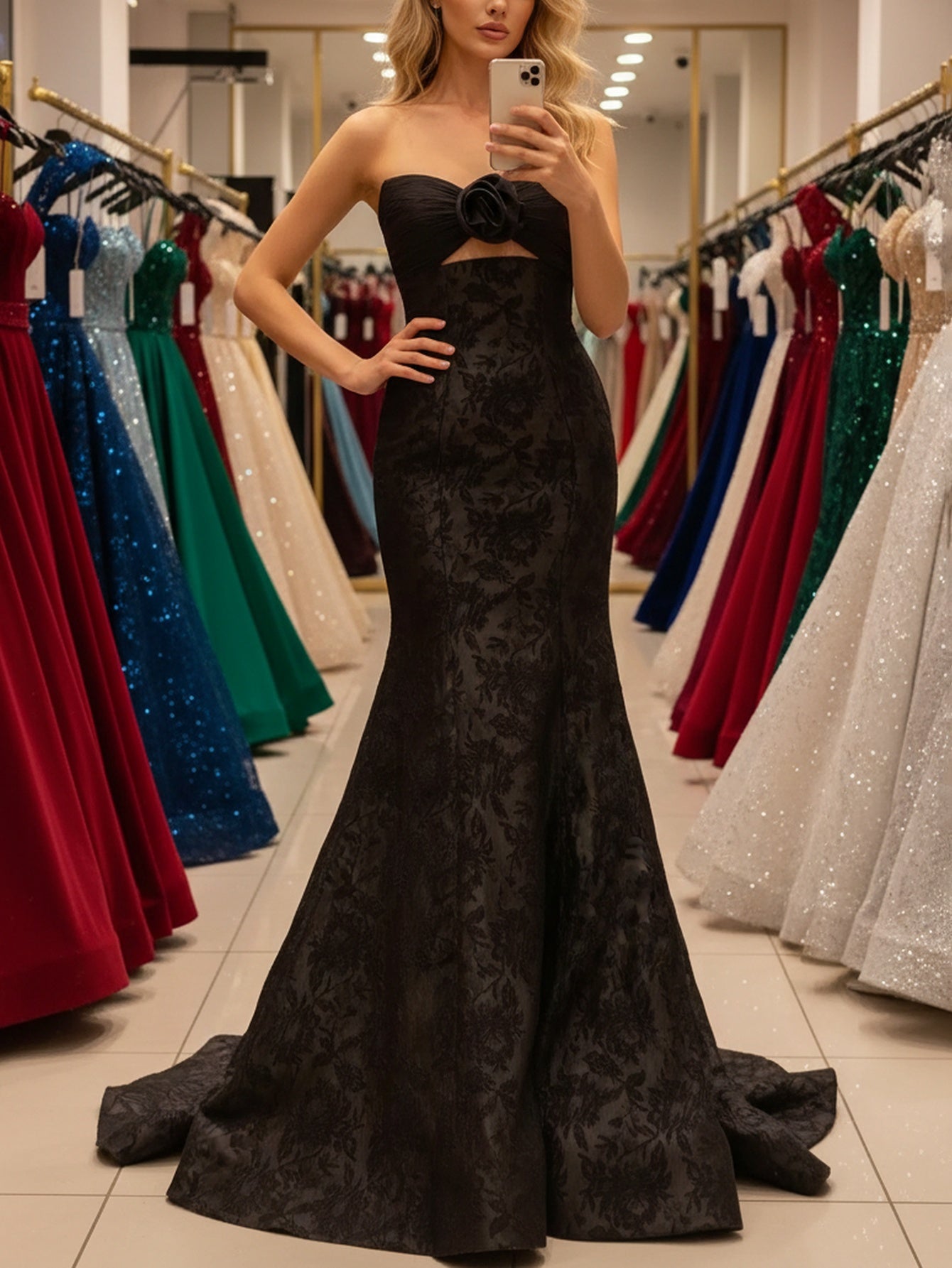 3D Flower Pleated Cut Front Embroidery Lace Up Bodice Long Mermaid Prom Dress - Black