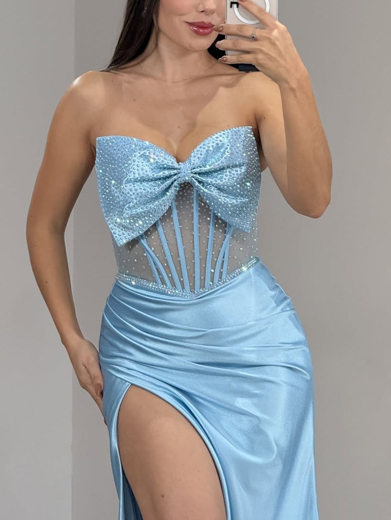 Sparkly Beading Lace Up Illusion Ruched Bodice Long Mermaid Prom Dress With Detachable Bow - Sky Blue