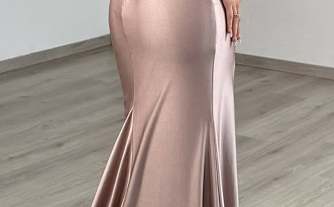 Sparkly Beading Lace Up Cut Front Ruched Bodice Long Mermaid Prom Dress  - Dusty Rose