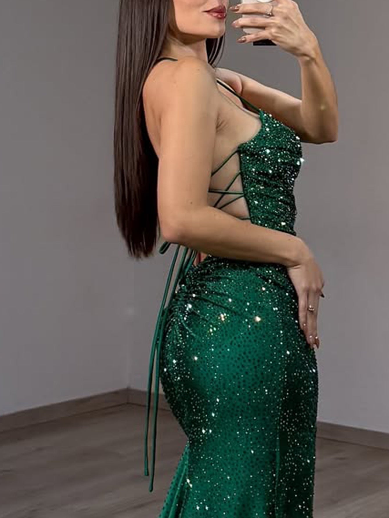Sparkly Beading Cut Front Lace Up Ruched Bodice Long Mermaid Prom Dress - Emerald Green