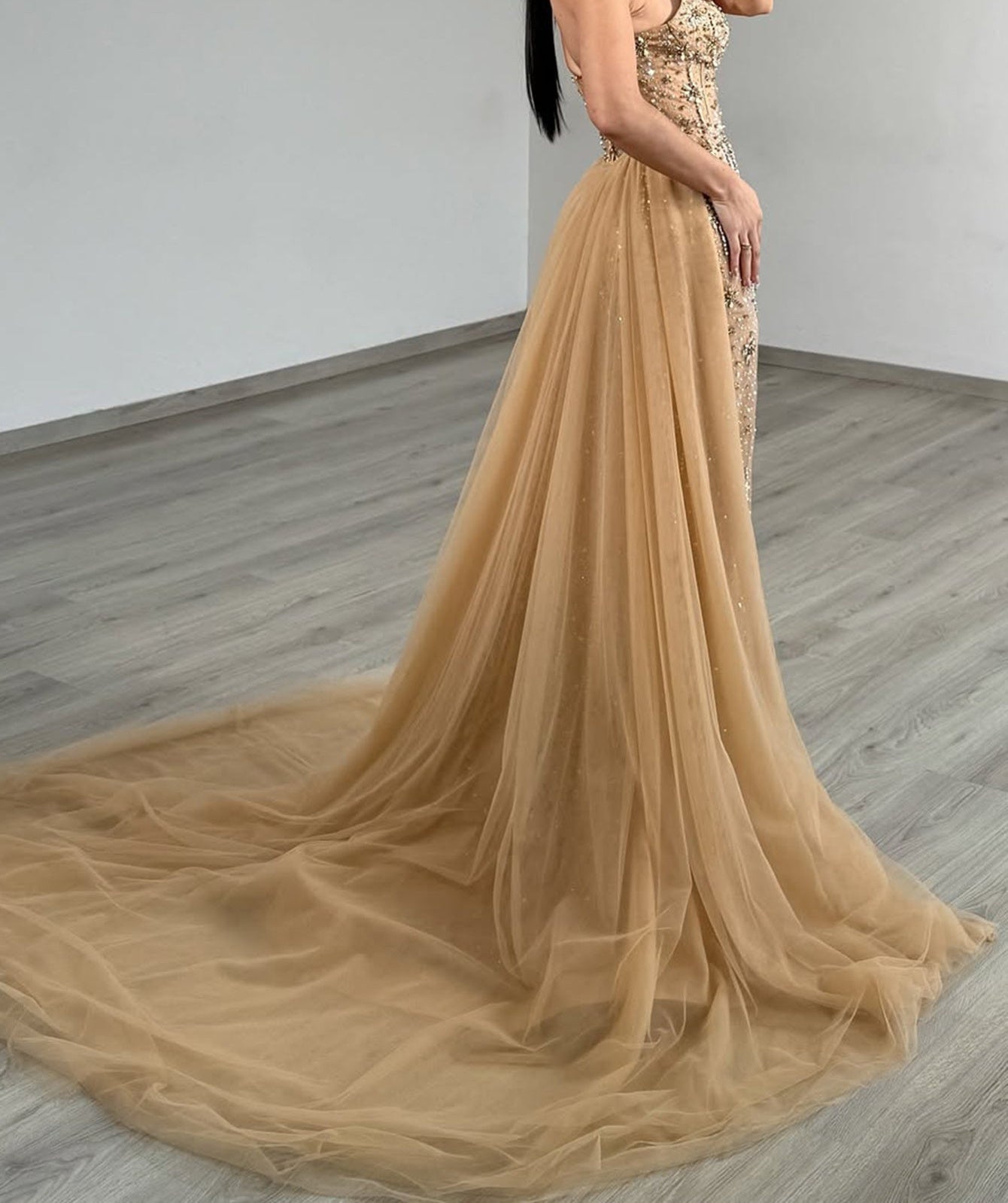 Sparkly Beading Cut Front Pleated Bodice Long Mermaid Prom Dress With Detachable Drop Train - Champagne