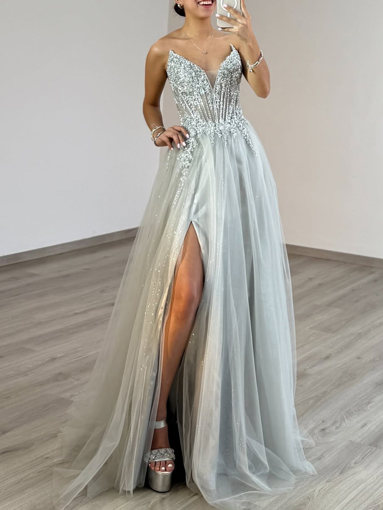Sparkly Beading Illusion Cut Front Bodice A-Line Long Prom Dress - Silver