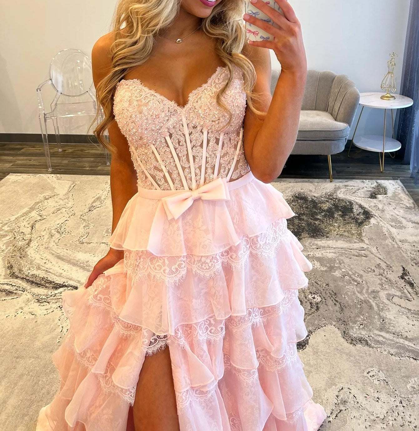 Sparkly Beading Bow Front Lace Up Bodice A-Line Long Prom Dress With Slit - Pink