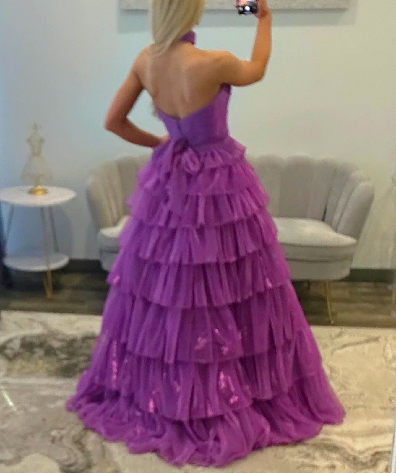 Pleated Strapless Layered Ball Gown Prom Dress With Choker Necklace - Purple