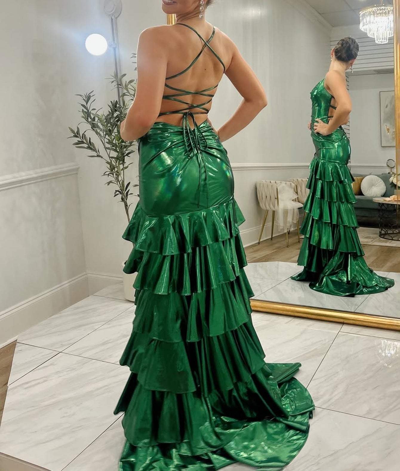 Spaghetti Strap Lace Up Ruched Bodice Long Mermaid Prom Dress With Slit - Emerald Green
