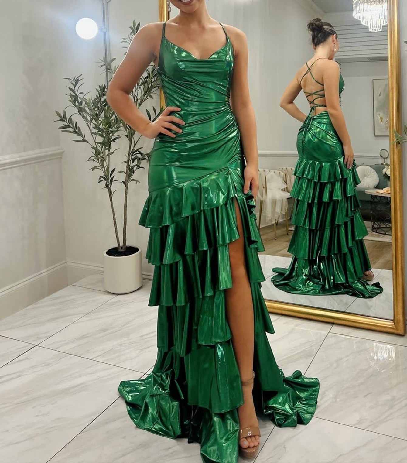 Spaghetti Strap Lace Up Ruched Bodice Long Mermaid Prom Dress With Slit - Emerald Green