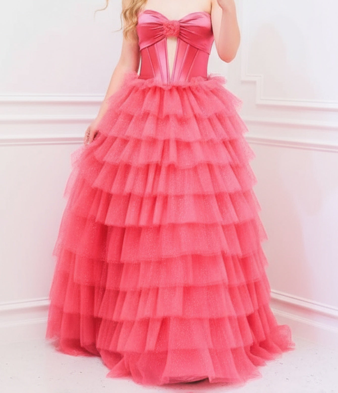 Strapless 3D Flower Lace Up Pleated Bodice Ball Gown Prom Dress - Pink