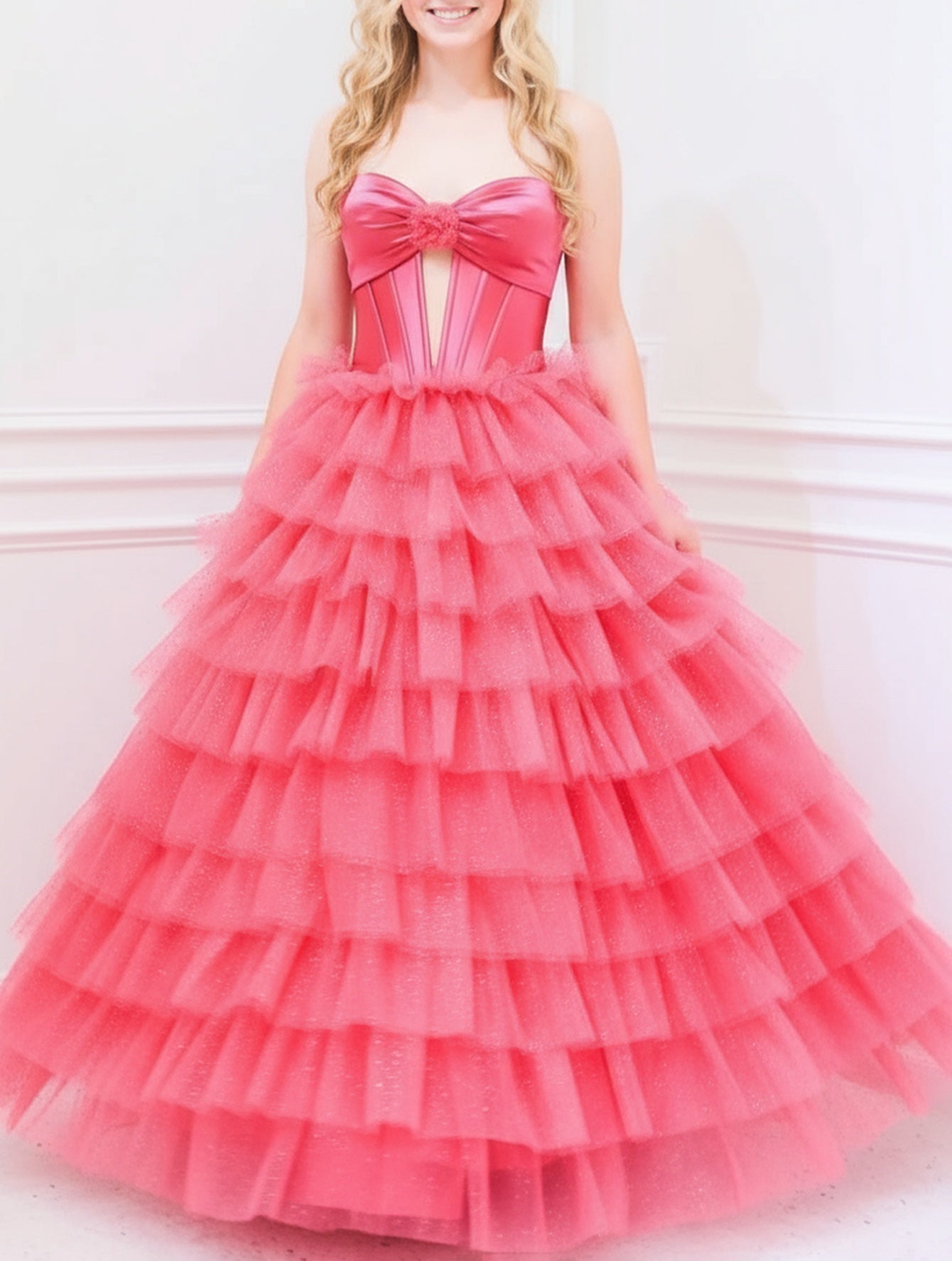 Strapless 3D Flower Lace Up Pleated Bodice Ball Gown Prom Dress - Pink