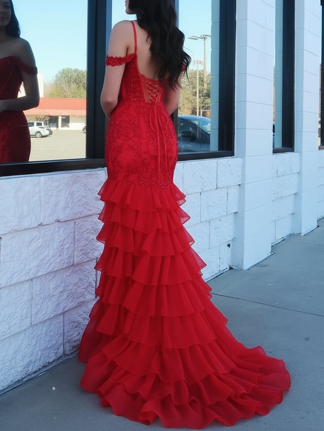 Off Shoulder Beading Embroidery Bodice Mermaid Prom Dress - Red