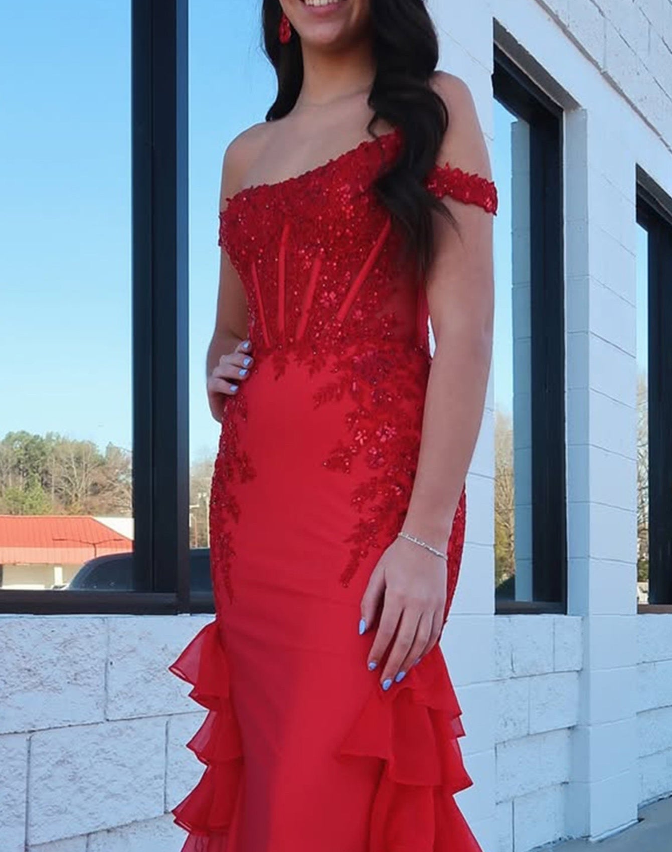 Off Shoulder Beading Embroidery Bodice Mermaid Prom Dress - Red