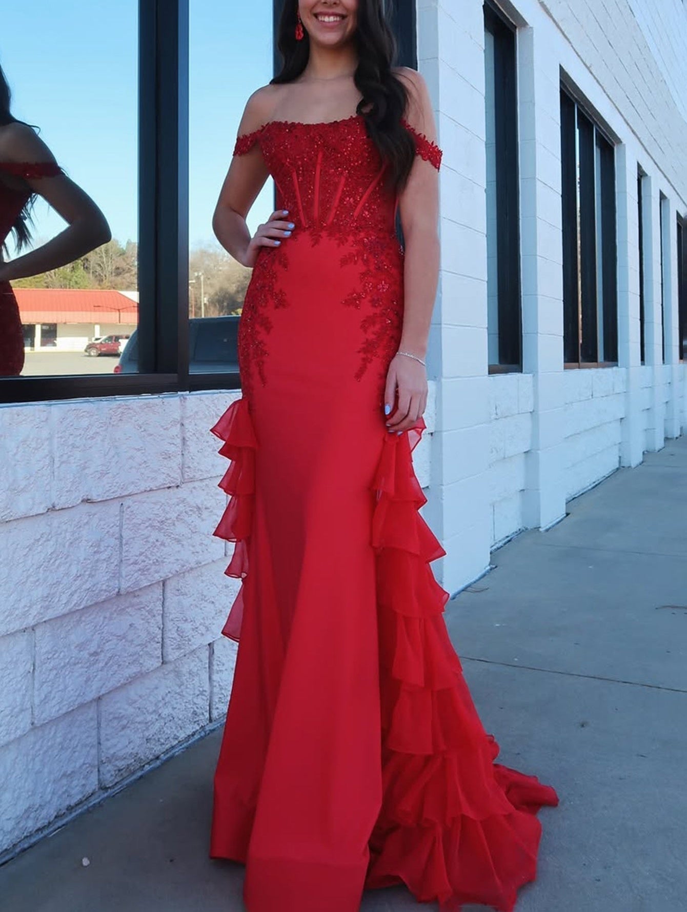 Off Shoulder Beading Embroidery Bodice Mermaid Prom Dress - Red