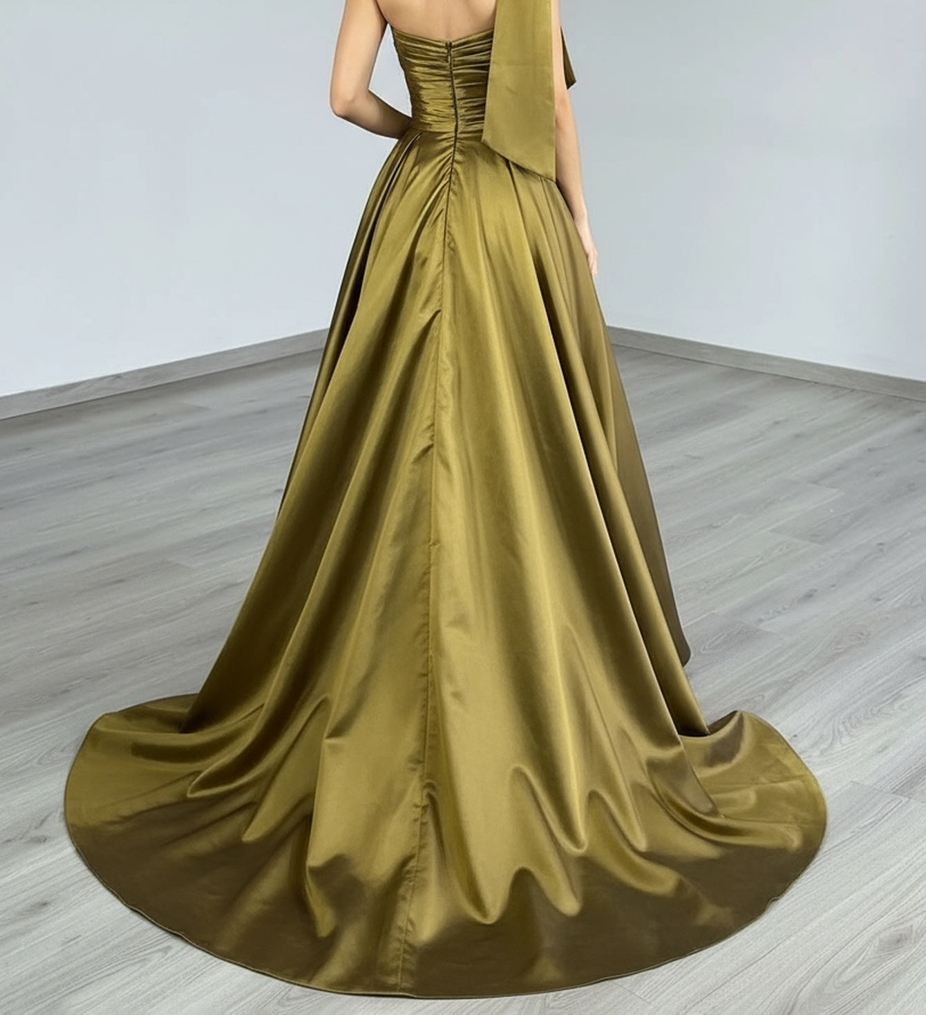 One Shoulder Ruched Big Bow Bodice Ball Gown Prom Dress - Olive Green