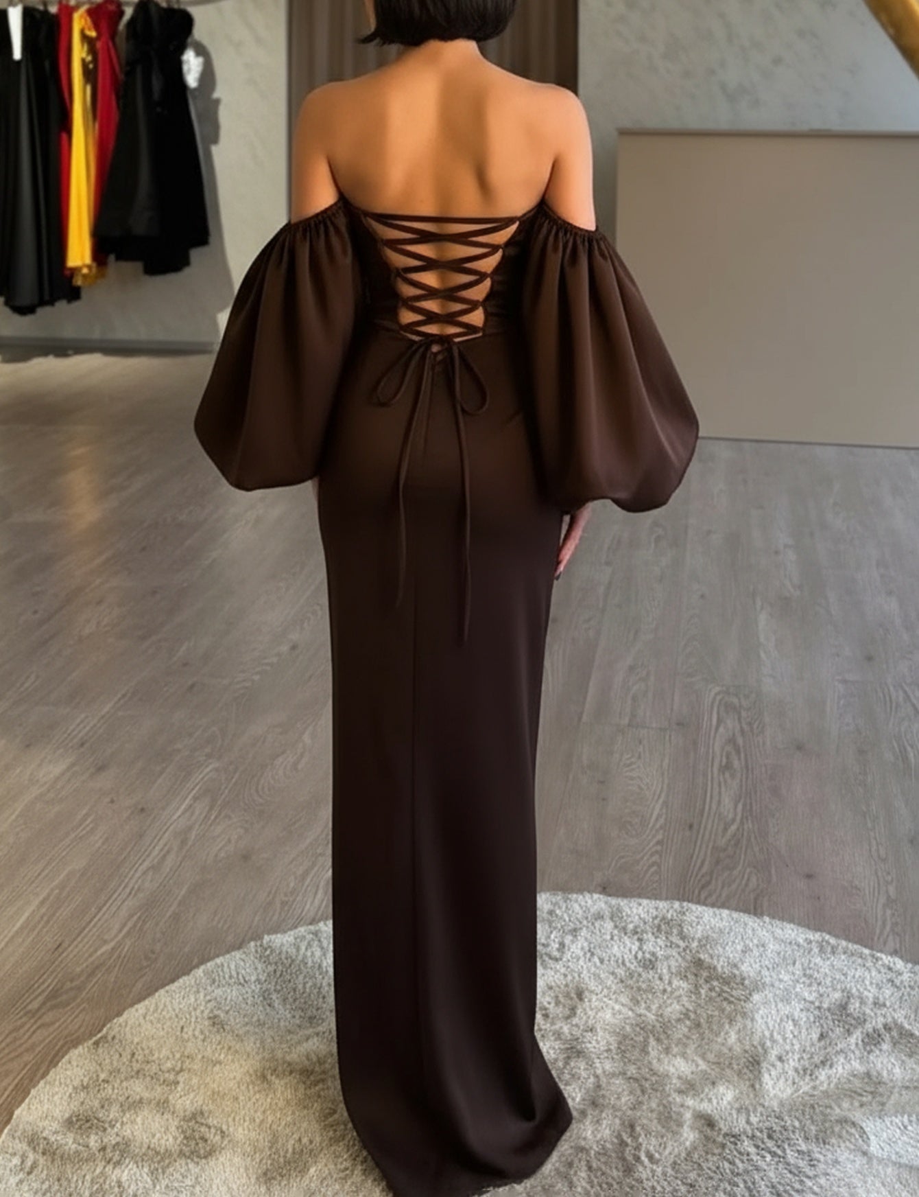 3D Flower Lace Up Sweetheart Bodice Mermaid Prom Dress With Removable Puffy Sleeves - Brown