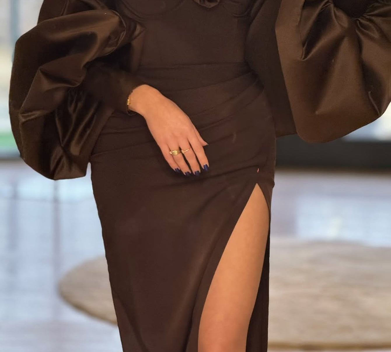 3D Flower Lace Up Sweetheart Bodice Mermaid Prom Dress With Removable Puffy Sleeves - Brown