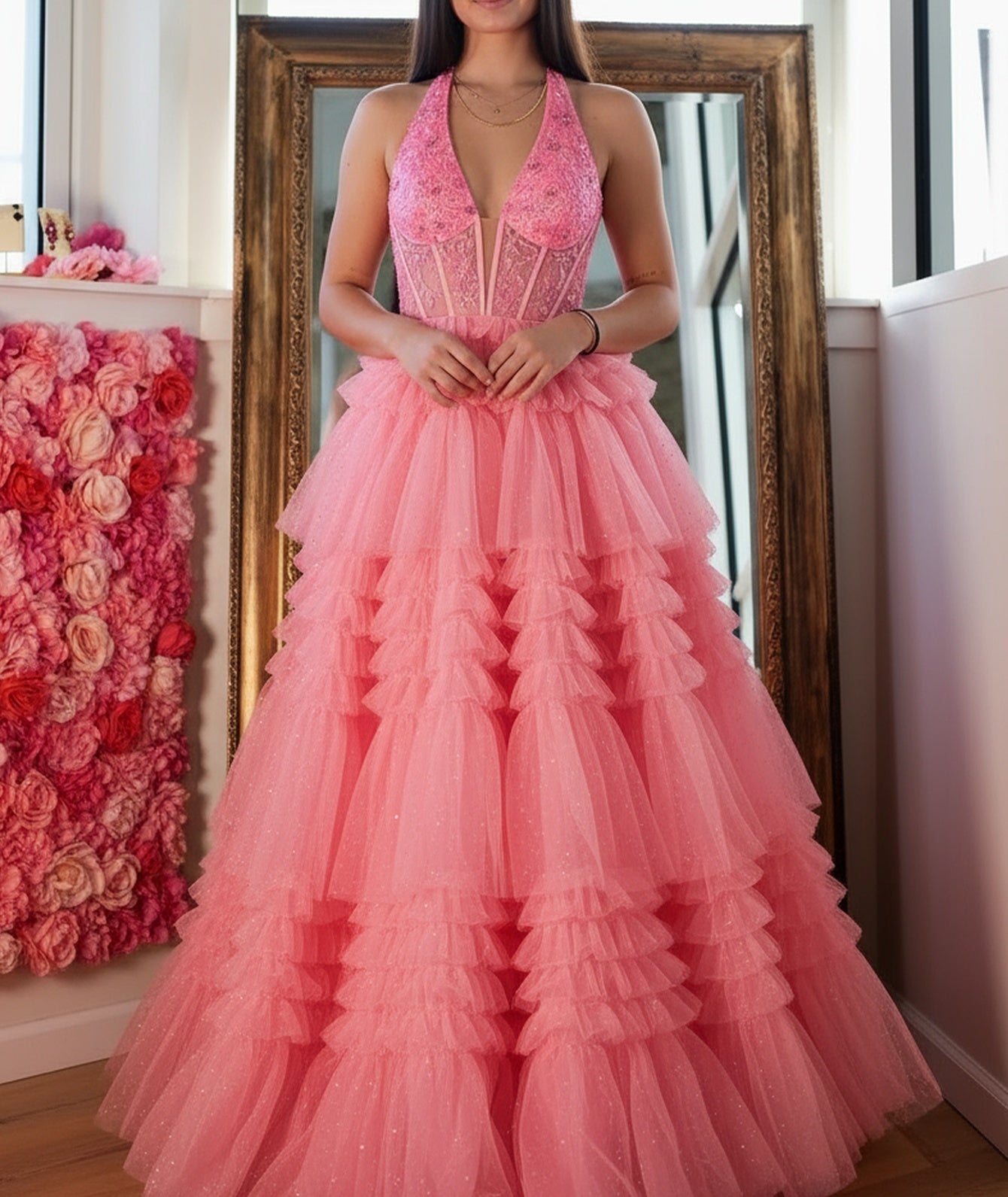 Halter Illusion Beading Embroidery Bodice Ball Gown Prom Dress With Ruffle Hem - Pink