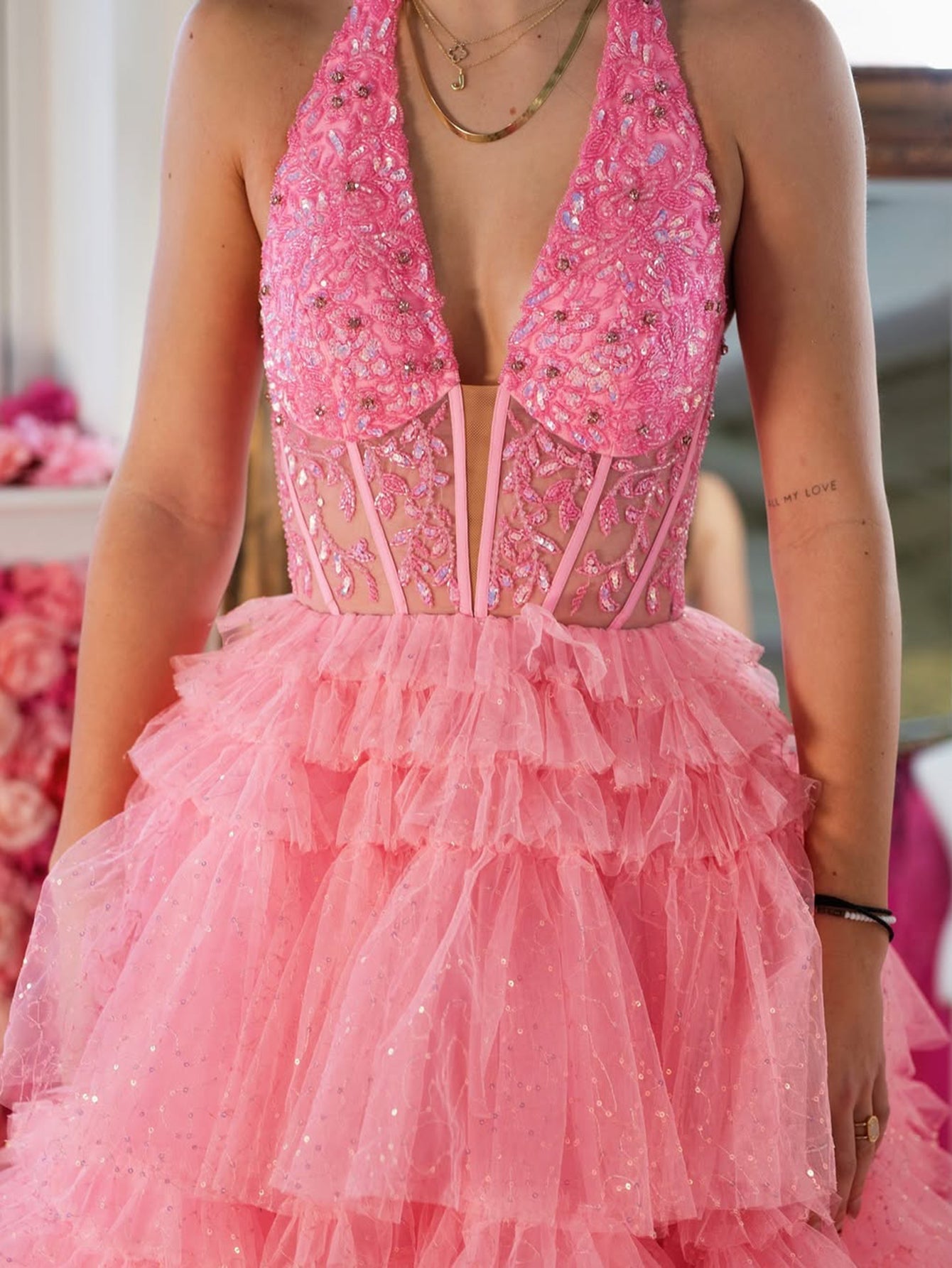Halter Illusion Beading Embroidery Bodice Ball Gown Prom Dress With Ruffle Hem - Pink