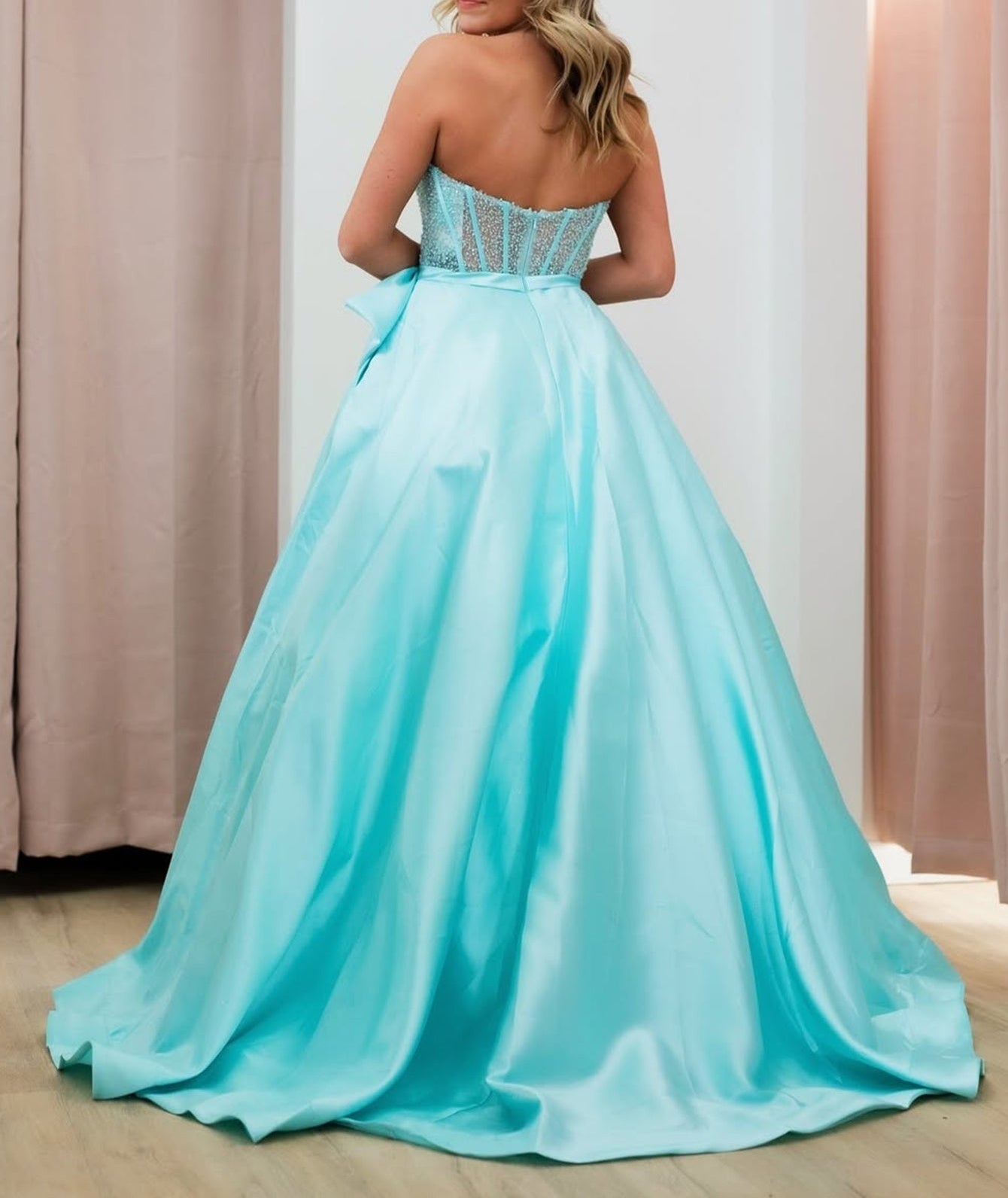 Strapless Big Bow Illusion Bodice Ball Gown Prom Dress - Sky Blue