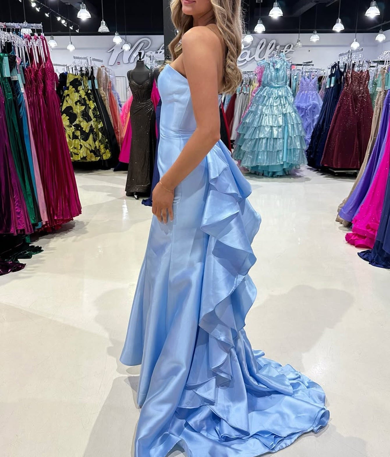 Strapless Layered Ruffle Bodice Long Mermaid Prom Dress - Sky Blue