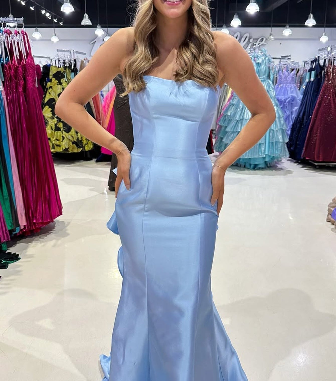 Strapless Layered Ruffle Bodice Long Mermaid Prom Dress - Sky Blue