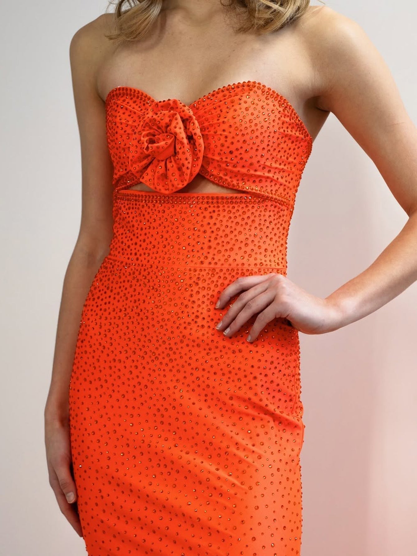 Strapless 3D Flower Cut Front Beading Pleated Bodice Mermaid Prom Dress - Orange
