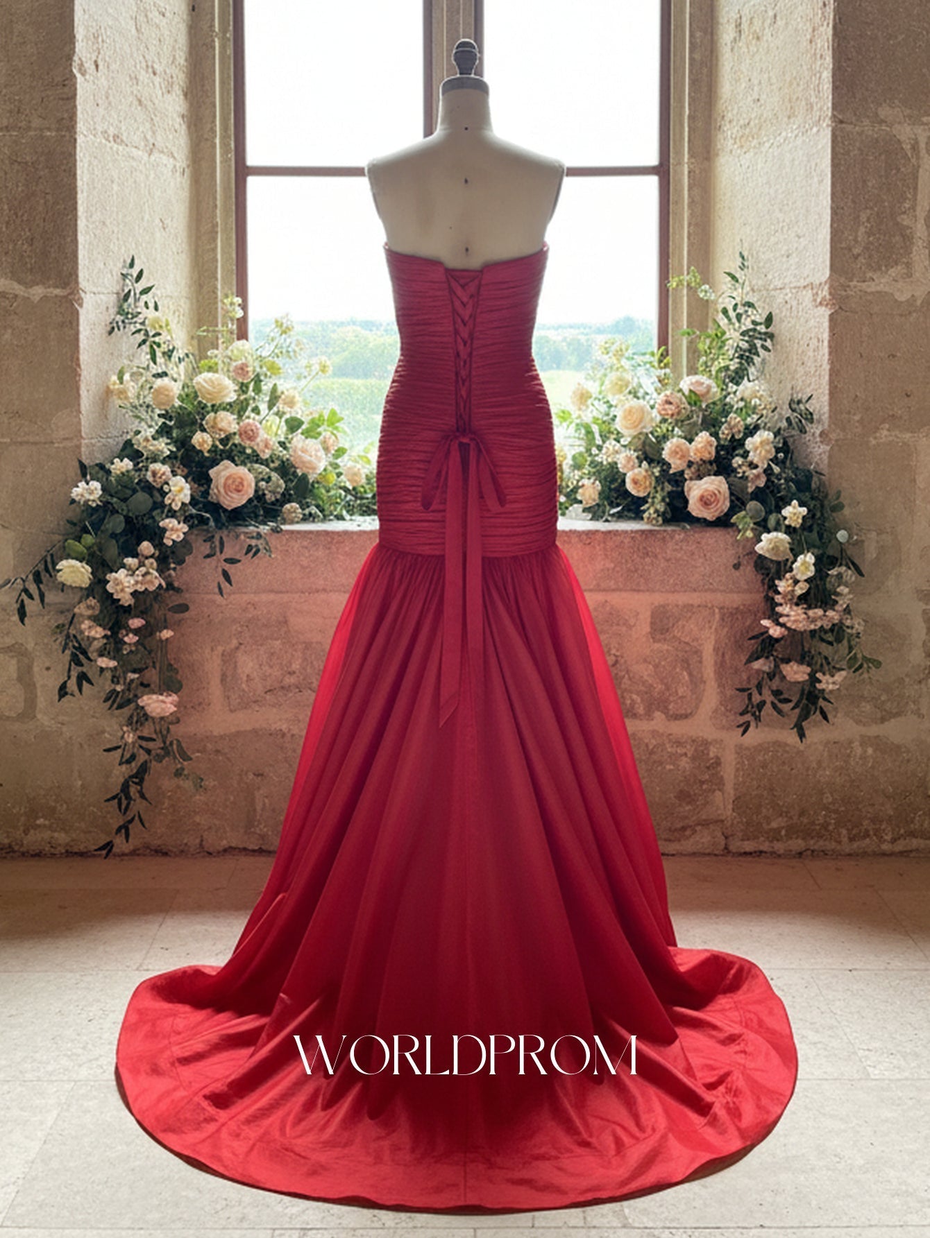 Strapless Ruched Bow Back Bodice Ball Gown Prom Dress - Red