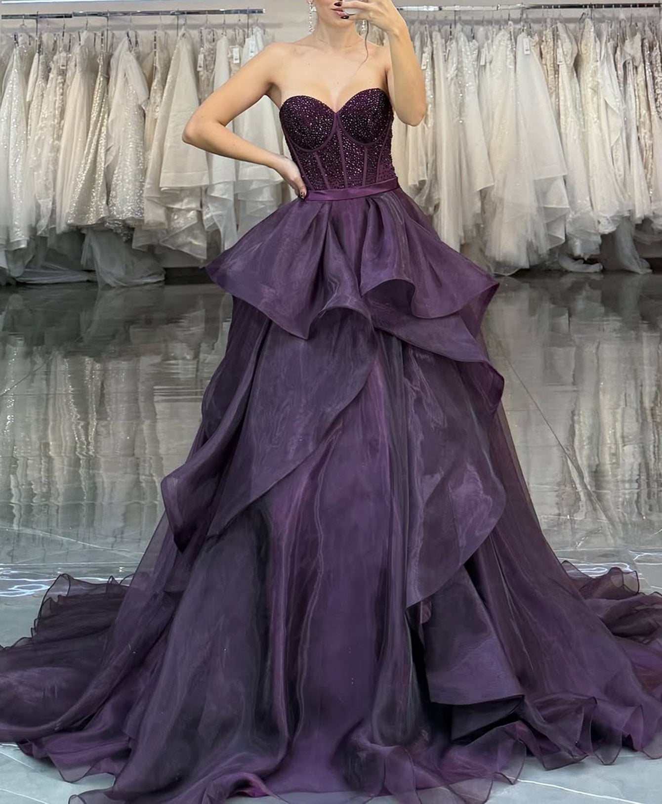 Strapless Beading Lace Up Layered Bodice Ball Gown Prom Dress - Purple
