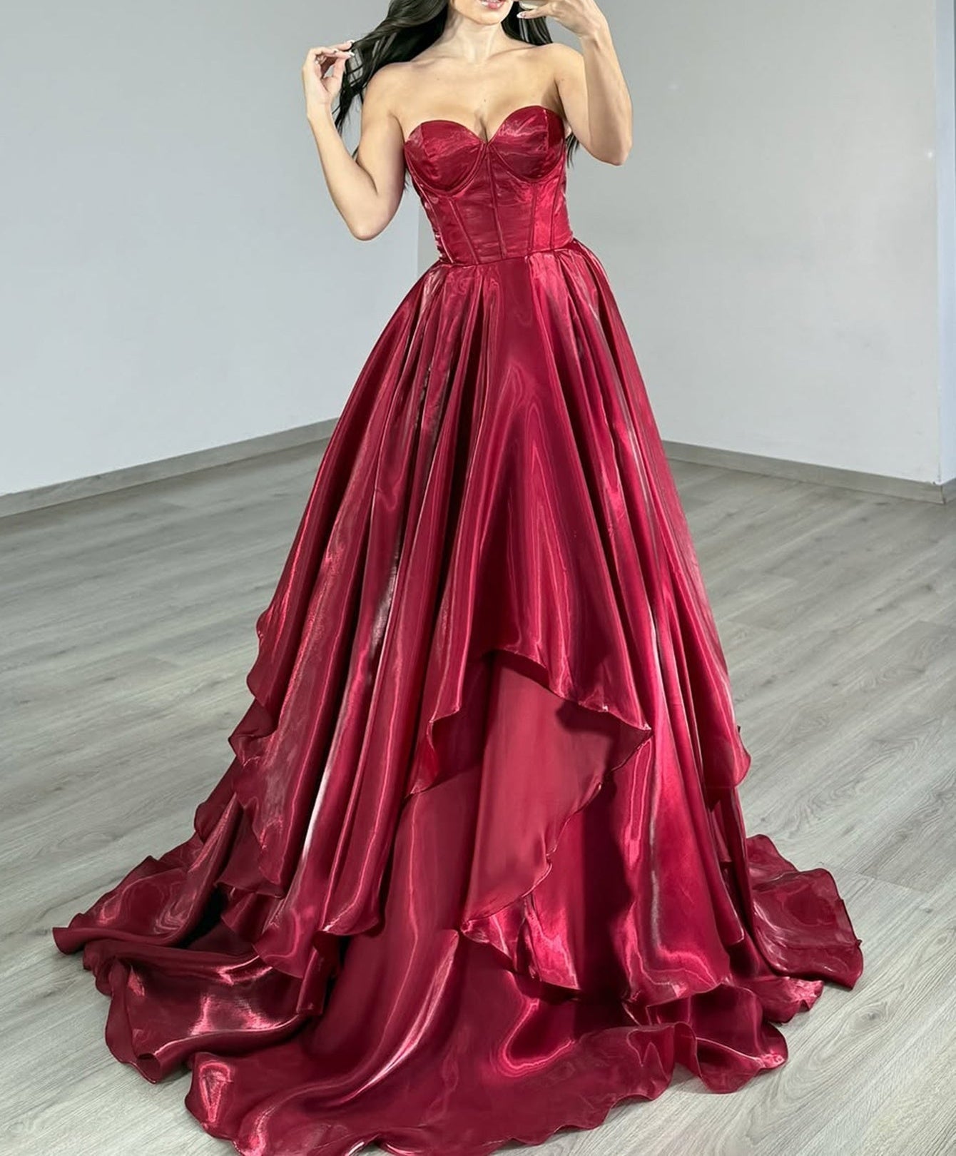 Strapless Layered Ruched Bodice Ball Gown Prom Dress - Burgundy