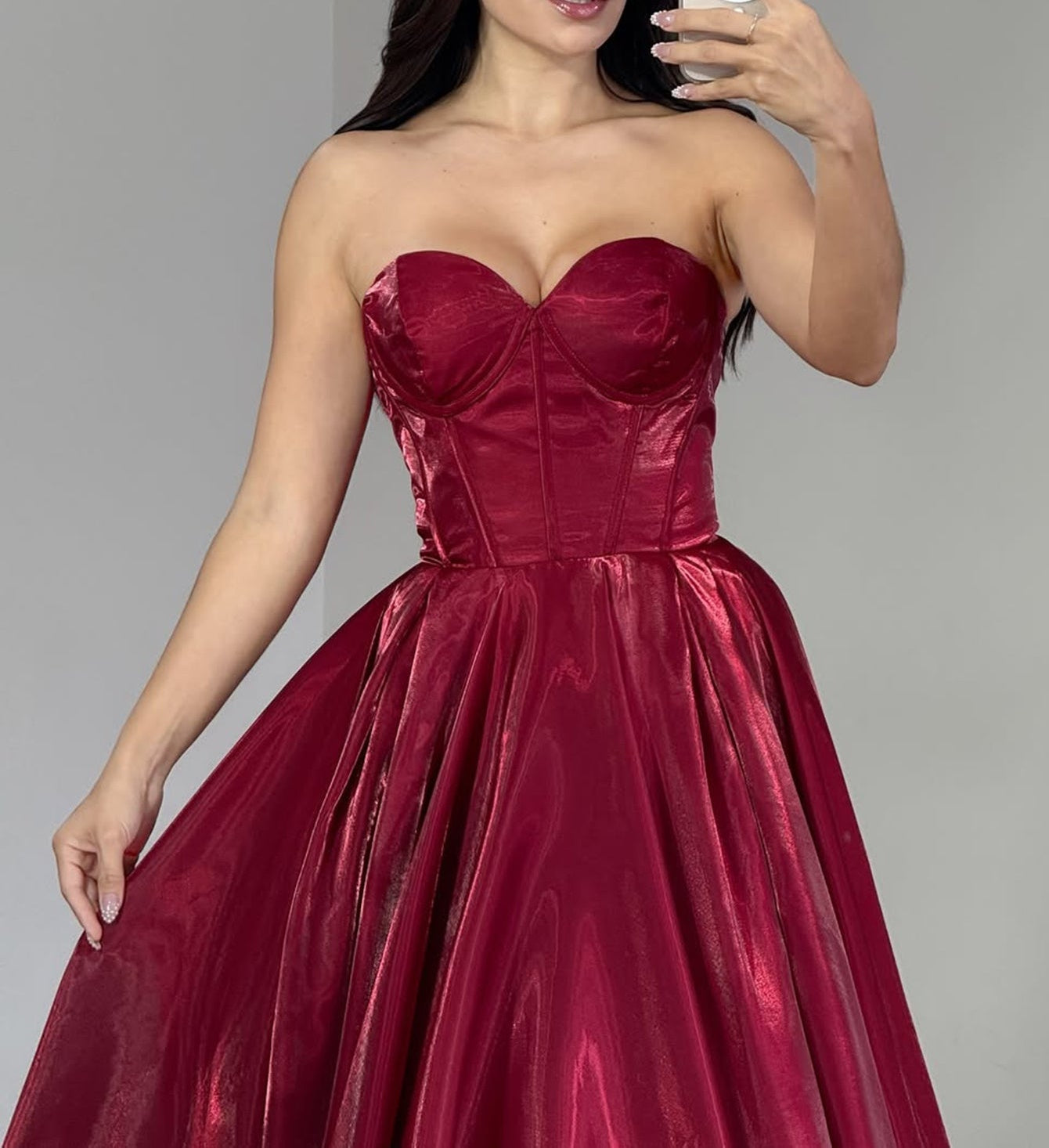 Strapless Layered Ruched Bodice Ball Gown Prom Dress - Burgundy