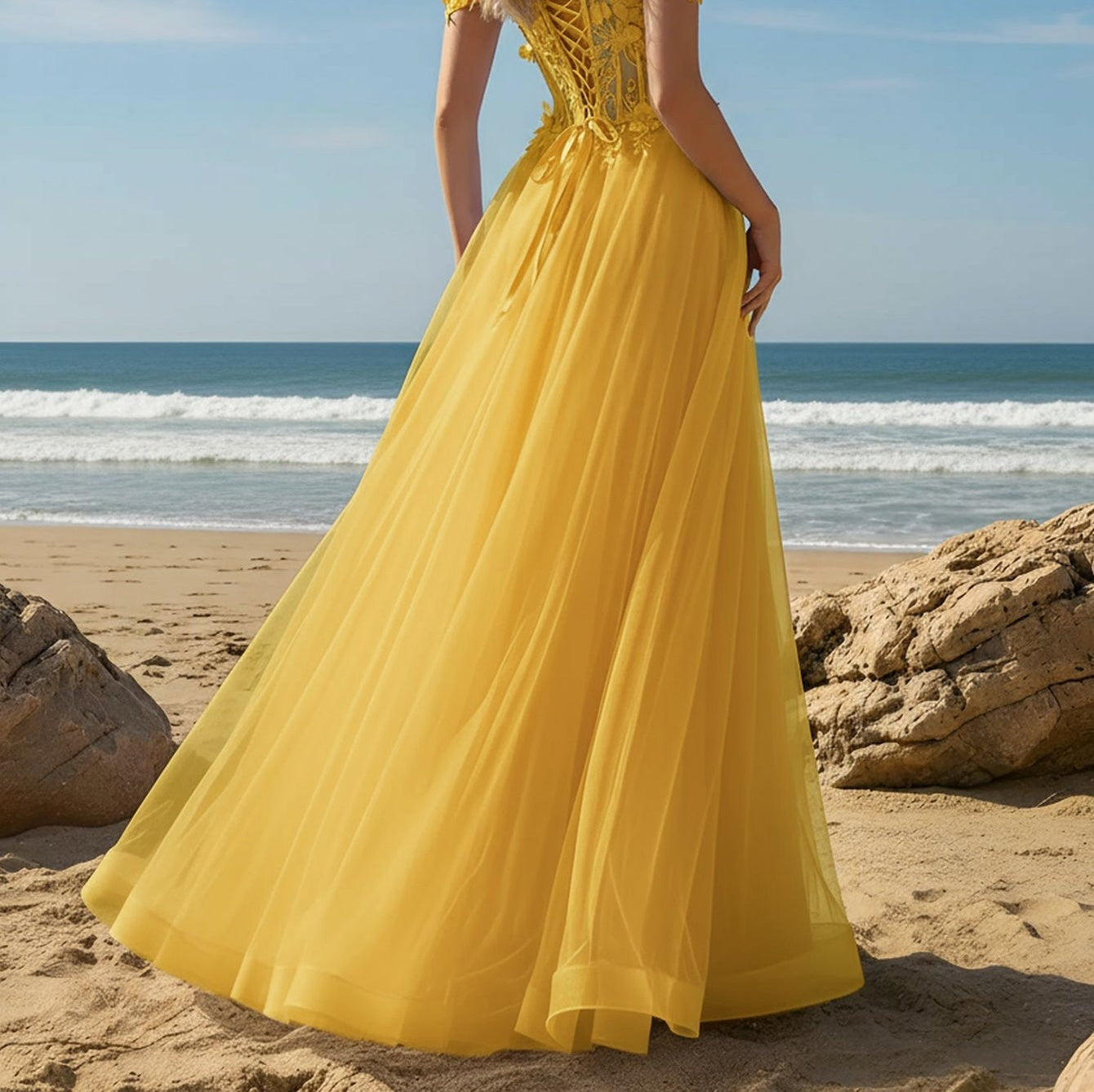 Hand Made Floral Beaded Prom Dress With Split - Yellow