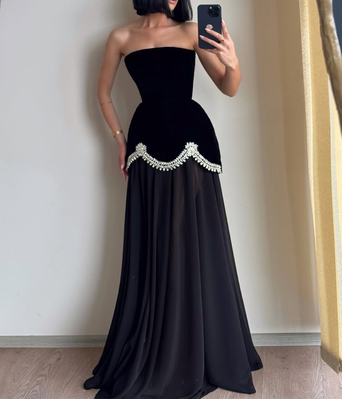 Strapless Crystal Ball Gown Prom Dress - Black