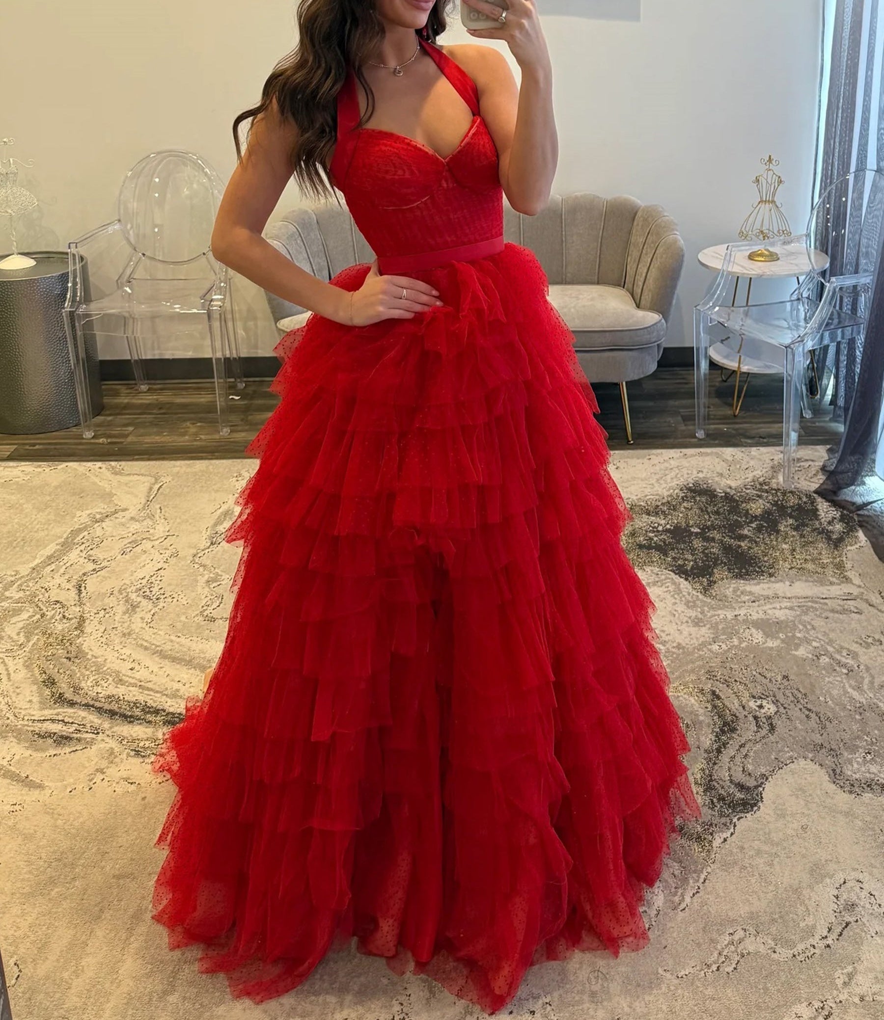 Sweetheart Red Polka Dot Ball Gown Prom Dress With Belt - Red