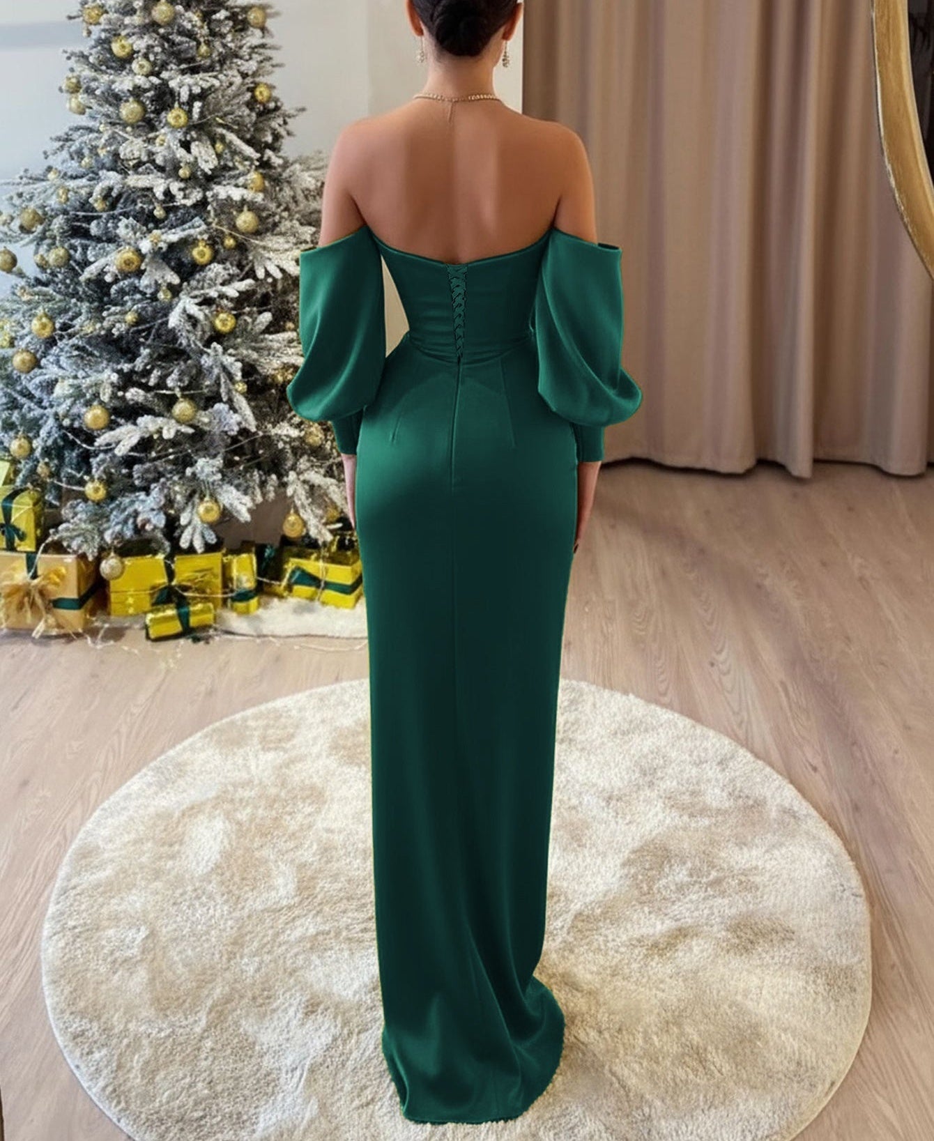Detachable Sleeves Crystal Long Prom Dress - Emerald Green