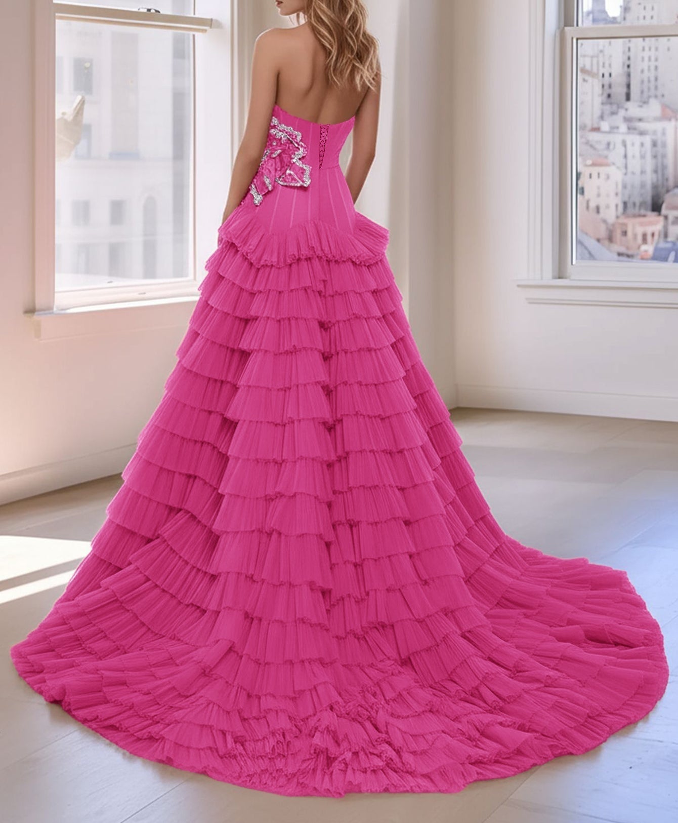 3D Rose Waist Strapless Tiered Ball Gown Evening Dress - Hot Pink