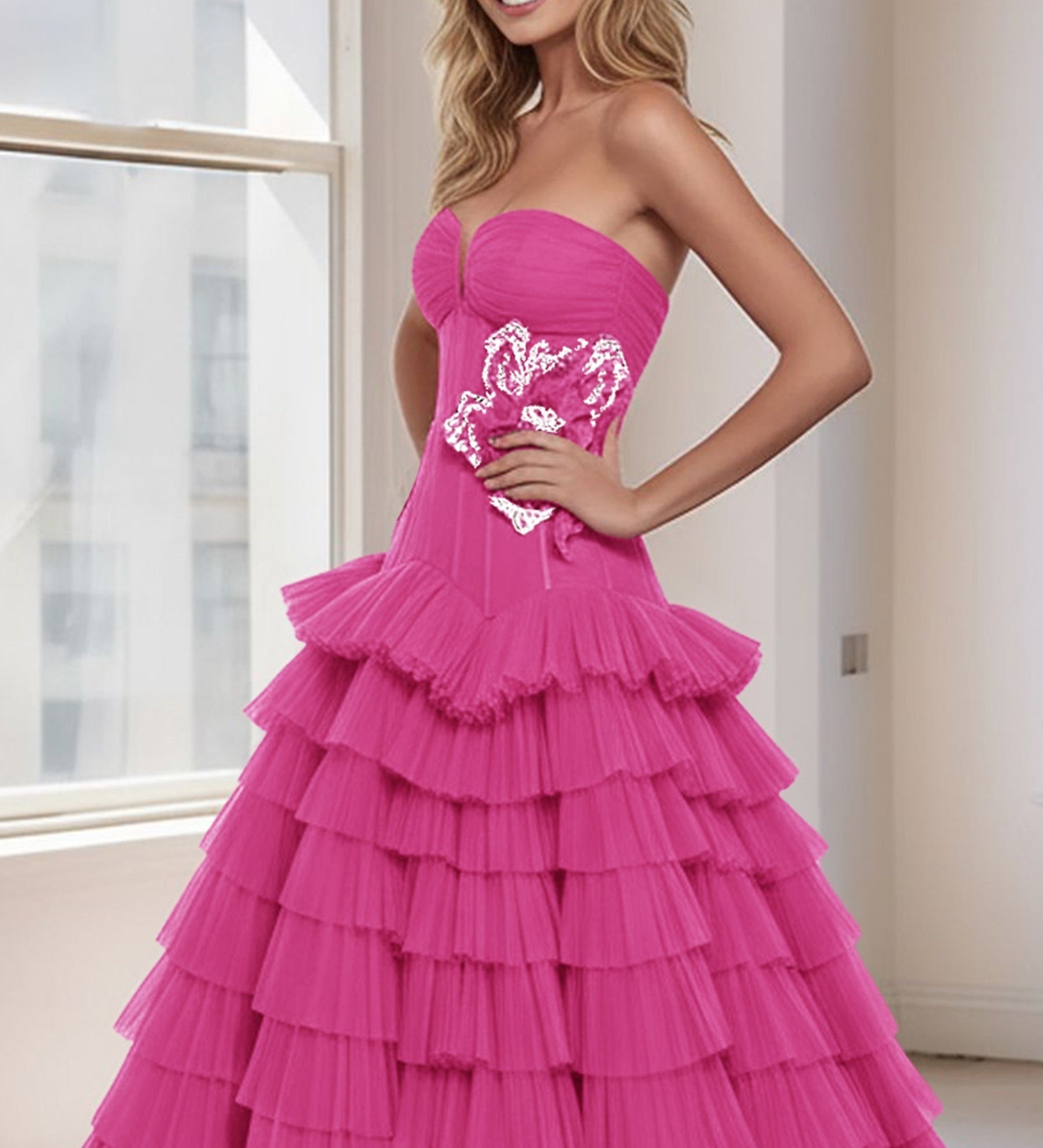 3D Rose Waist Strapless Tiered Ball Gown Evening Dress - Hot Pink