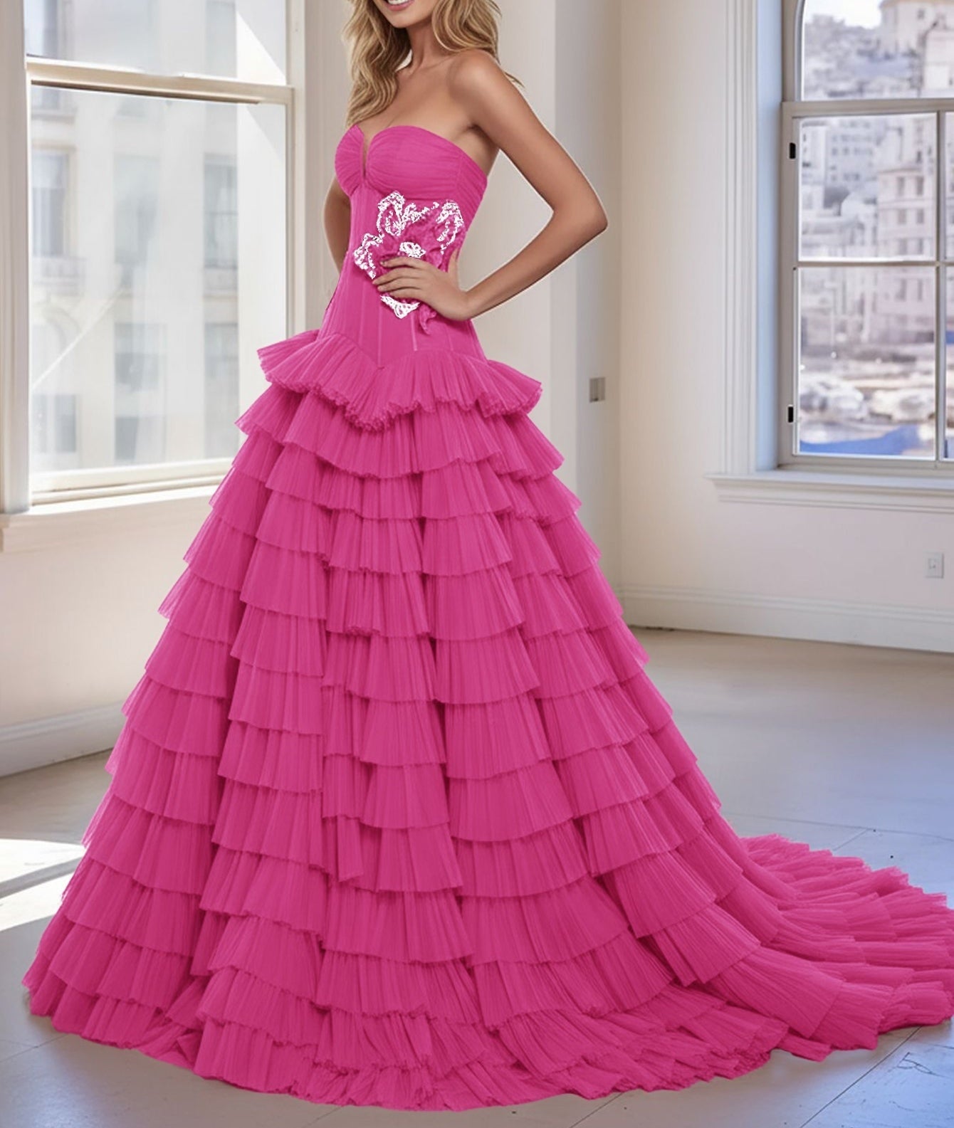 3D Rose Waist Strapless Tiered Ball Gown Evening Dress - Hot Pink