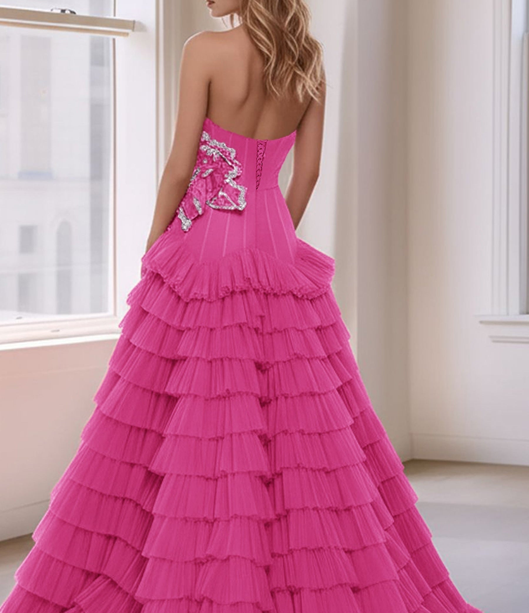 3D Rose Waist Strapless Tiered Ball Gown Evening Dress - Hot Pink