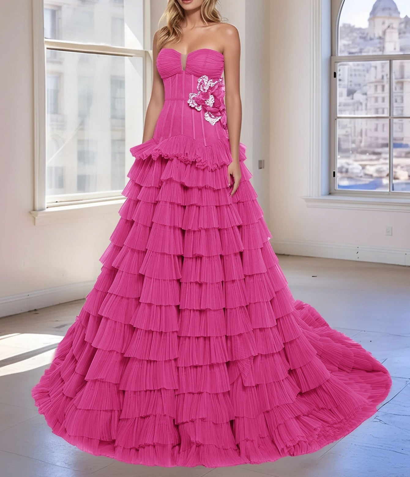 3D Rose Waist Strapless Tiered Ball Gown Evening Dress - Hot Pink