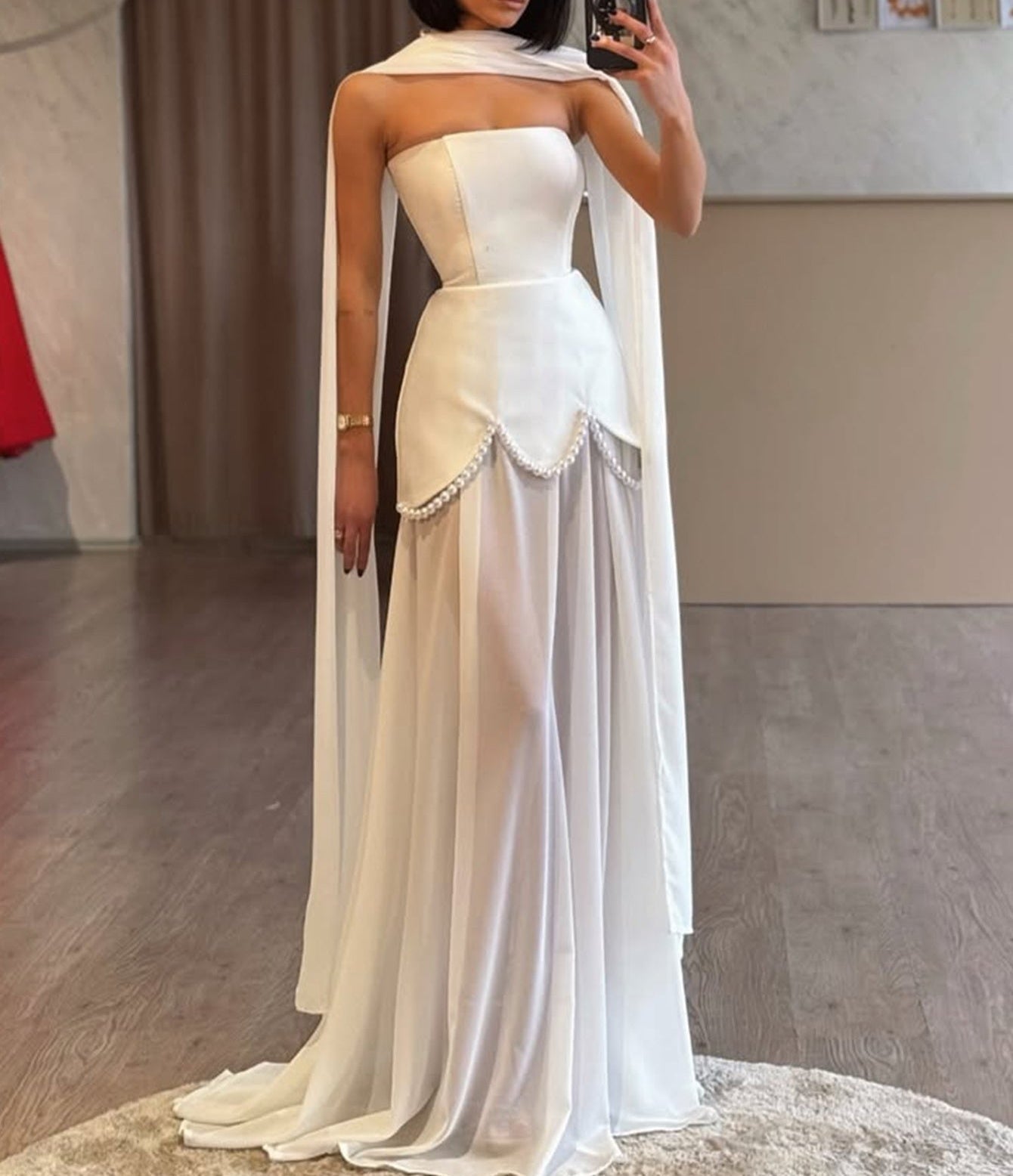 Hand Beading Strapless Two Pieces Pearl Prom Dress With Shawl - White
