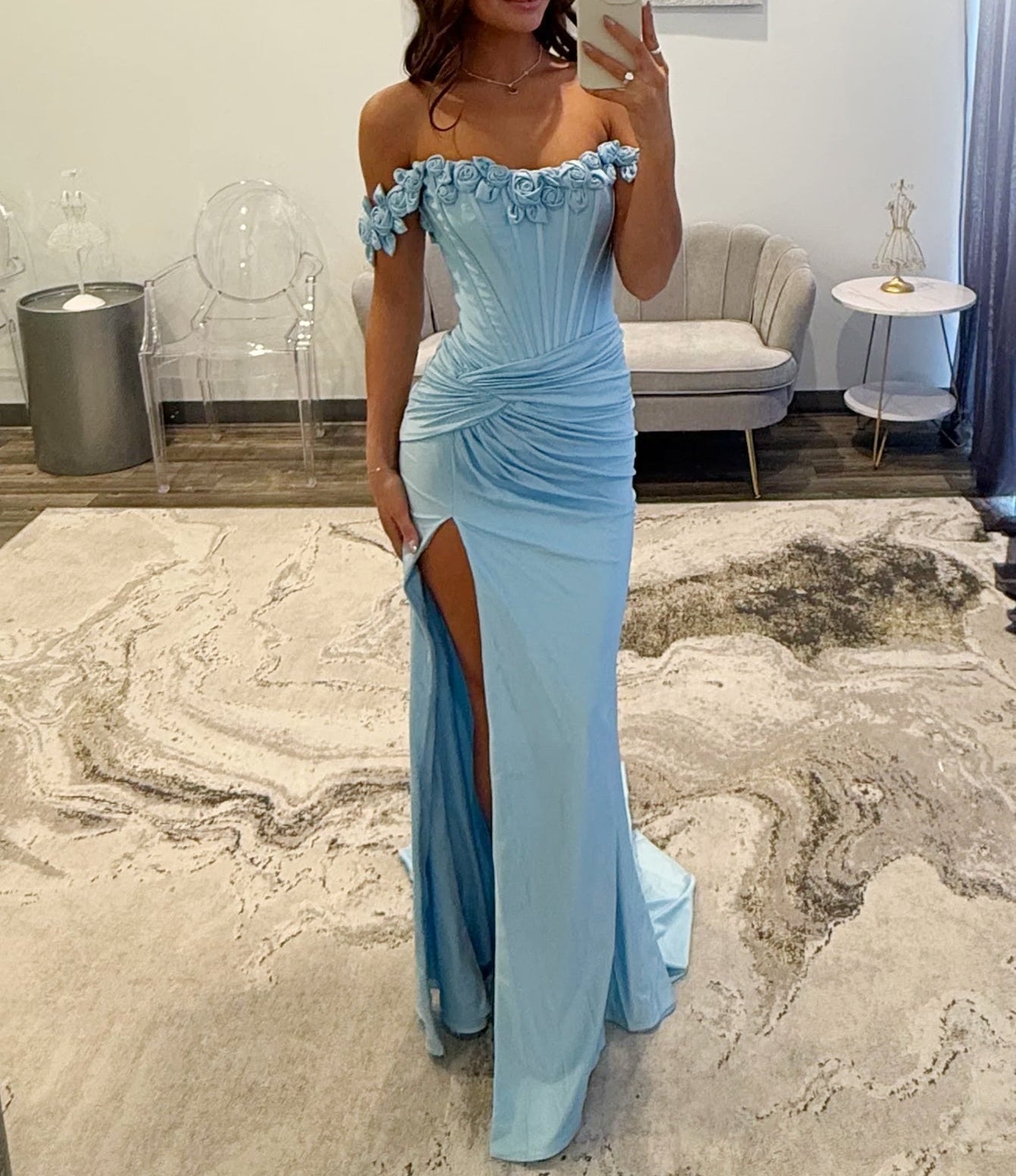 3D Rose Off Shoulder Pleated Mermaid Prom Dress - Baby Blue