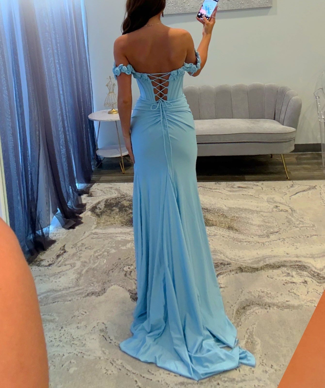 3D Rose Off Shoulder Pleated Mermaid Prom Dress - Baby Blue