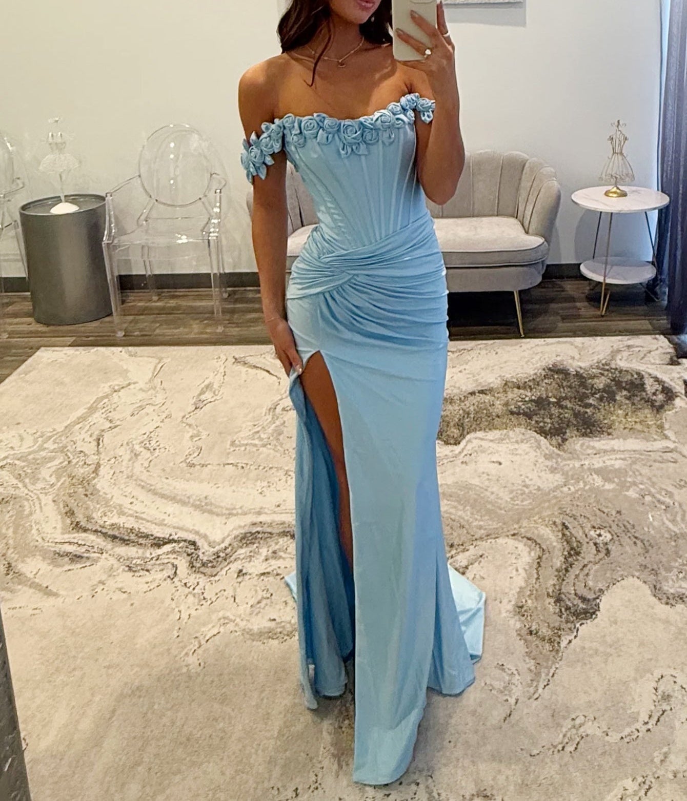 3D Rose Off Shoulder Pleated Mermaid Prom Dress - Baby Blue