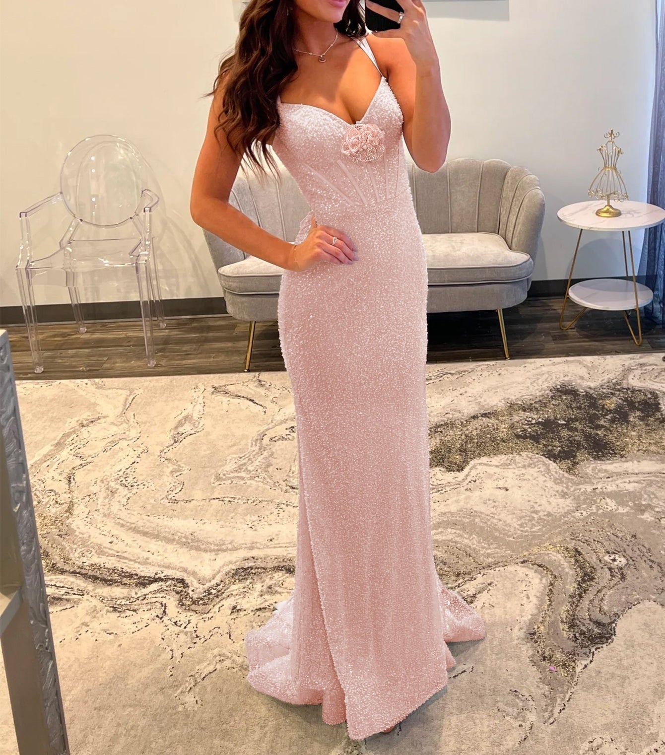 3D Rose Hand Beading Sparkly Lace Bodice Mermaid Prom Dress - Blush Pink