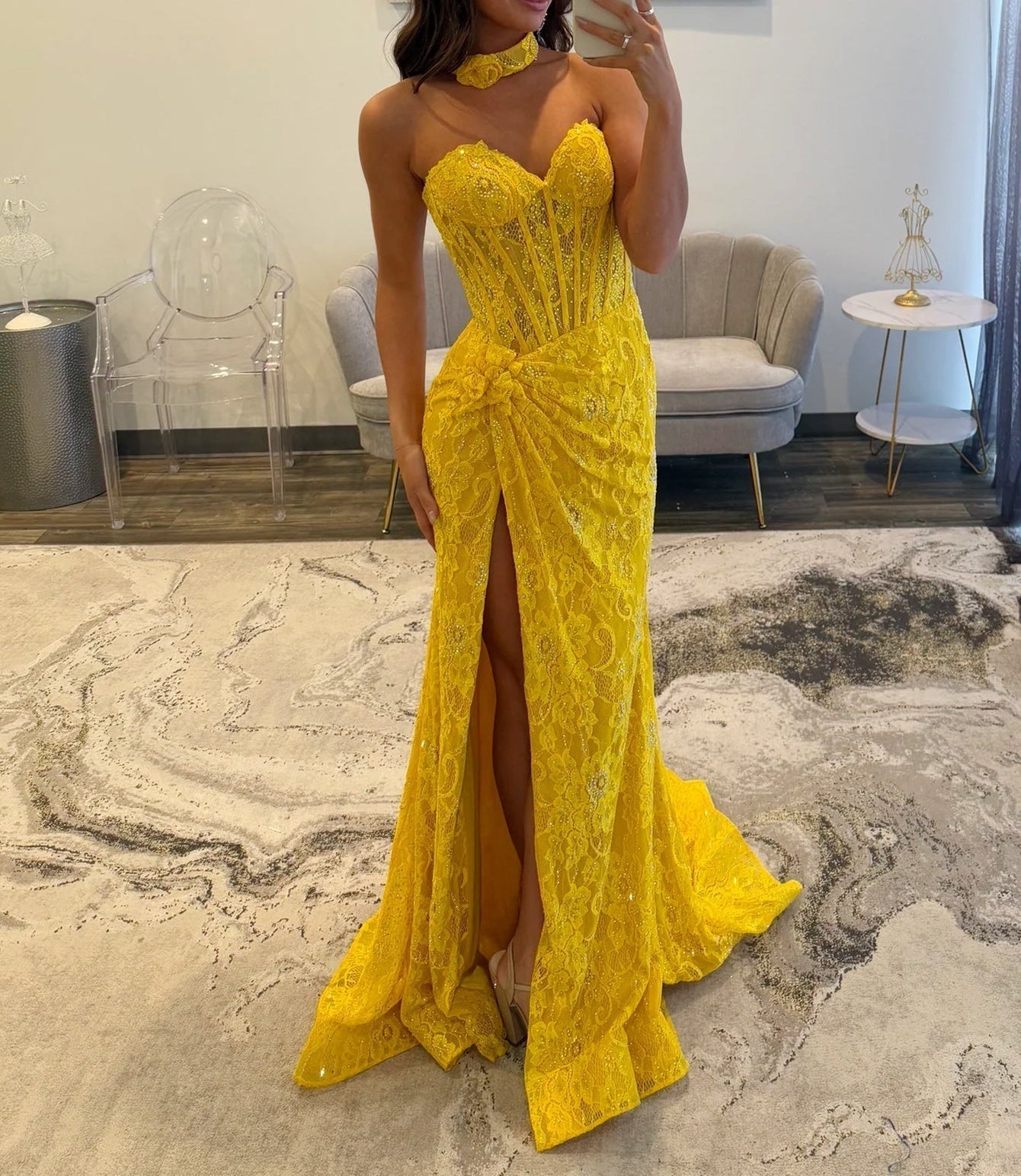 Hand Made Flower Lace Mermaid Prom Dress - Yellow