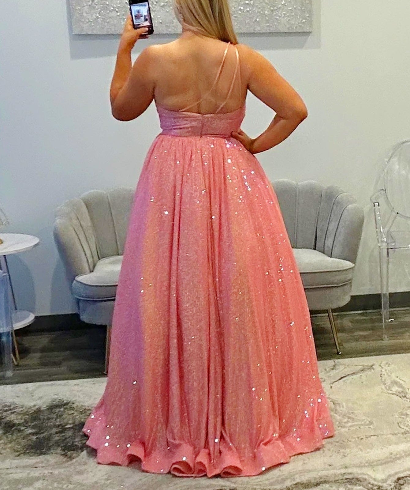 Sparkly Bodice One Shoulder Long Prom Dress - Pink