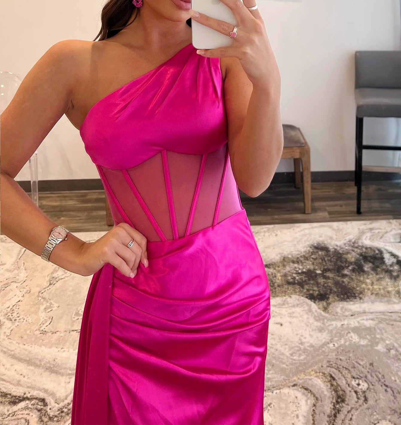 One Shoulder Boned Prom Dress With Waist Drop - Hot Pink