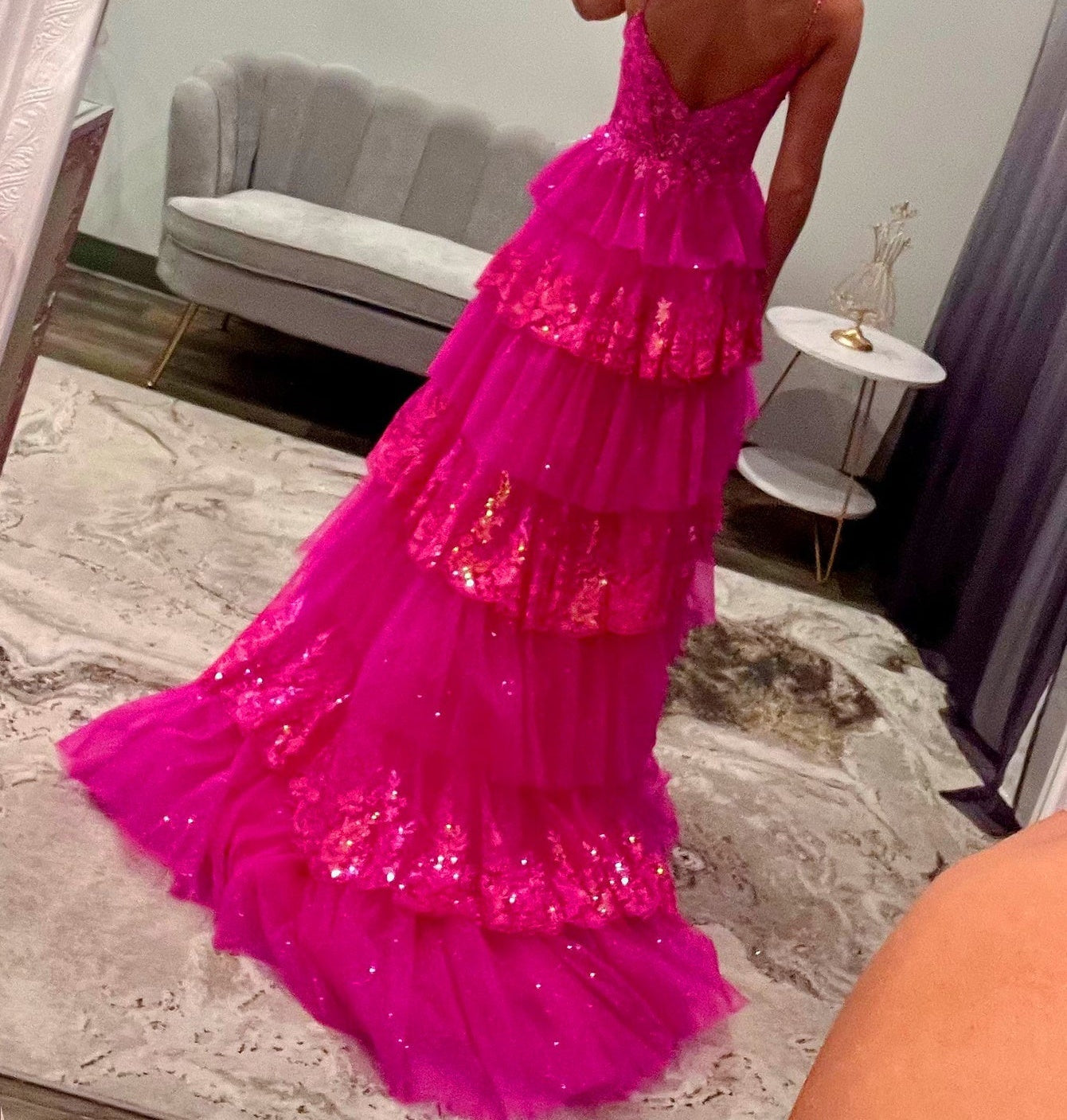 Sparkly Lace Embroidery Cut Front Ball Gown Prom Dress - Hot Pink