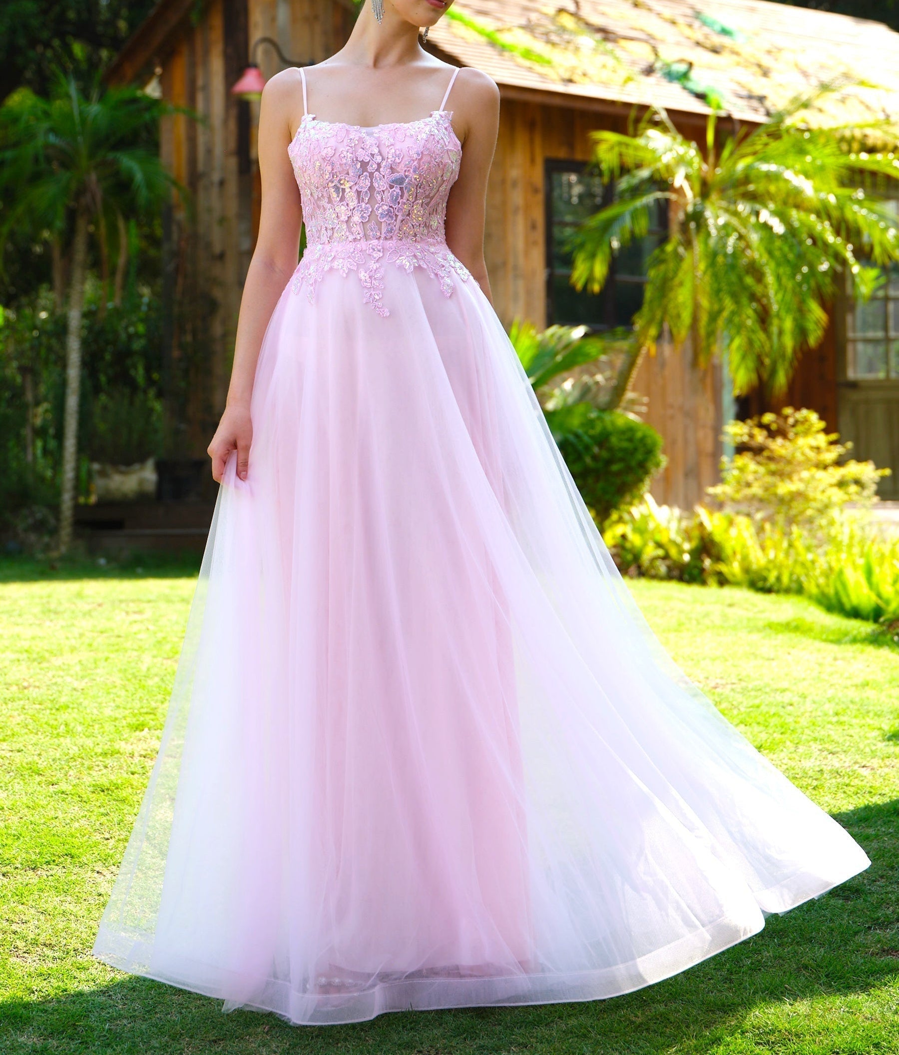 Square Lace Embroidery Ball Gown Prom Dress - Pink