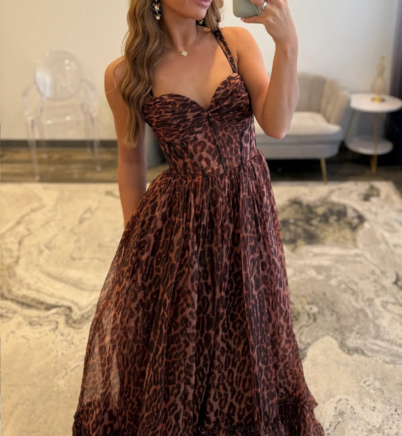Sweetheart Bodice Printing Ball Gown Long Prom Dress - Leopard Print